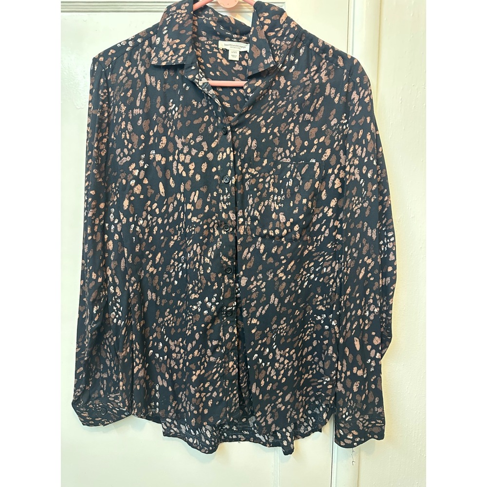 Beachlunchlounge Animal Print Button Down Shirt Black Brown Metallic Large